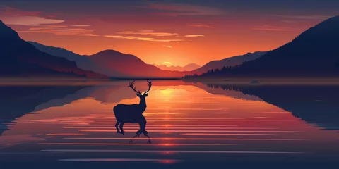 Wandcirkels aluminium deer on the lake at sunrise vector background Generative AI © SKIMP Art