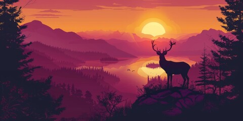 deer silhouette on a hilltop near the lake at dusk Generative AI