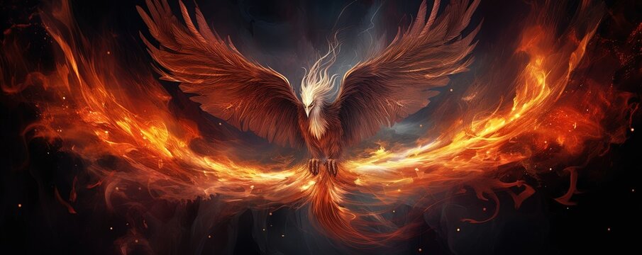 Rising Phoenix in flames. Abstract bird flying from the fire and ashes