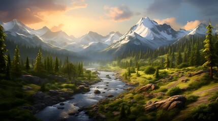 Panoramic view of a mountain river in the mountains at sunset
