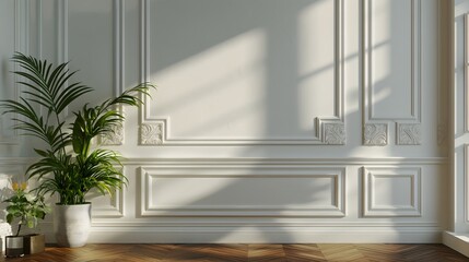 Obraz premium Empty room with shadows of window and dried flowers in vase. Japandi Style studio background