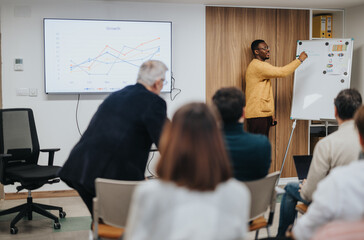 Confident presenter leading a business meeting in a contemporary office, showing growth charts on...