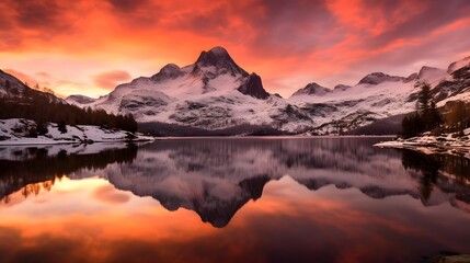 Panoramic view of the snowy mountains reflected in the lake.