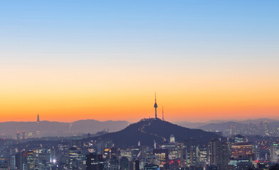 Sunrise Seoul city and seoul tower South Korea