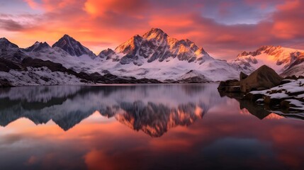 Fantastic panorama of snow-capped mountains reflected in lake at sunset