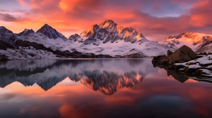 Fotobehang Fantastic panorama of snow-capped mountains reflected in lake at sunset © Iman