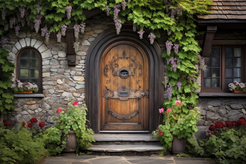 Elegant Home Entrance with Beautiful Garden - obrazy, fototapety, plakaty