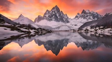 Fototapeta na wymiar Panorama of the snowy mountains reflected in the lake at sunset.