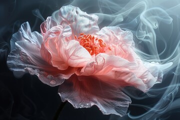 Obraz premium pink peony flower with fog on dark background, close up