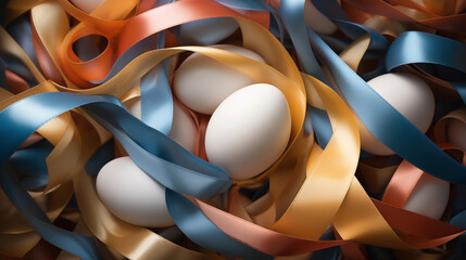 Easter Elegance: White Eggs Nestled Among Luxurious Satin Ribbons