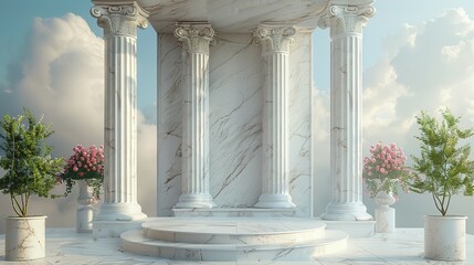 Naklejka premium Background podium column 3d roman luxury greek white ancient display product classic. Podium platform background column pillar stage minimal stand beauty design greece render scene plant cosmetic rome
