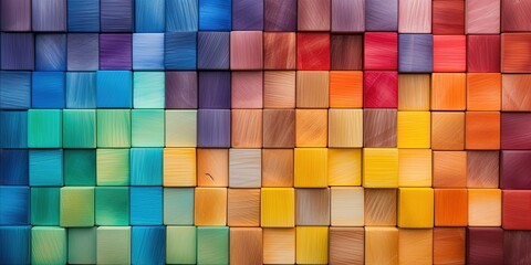 Spectrum of stacked multi-colored wooden blocks. Background or cover for something creative, diverse, expanding, rising or growing