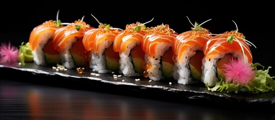 A black plate is filled with a variety of sushi rolls, showcasing the vibrant colors and textures of the Japanese delicacy. The assortment includes fresh salmon, rice, and seaweed, creating a visually