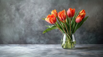 Bouquet of tulips in a glass vase on a gray background.