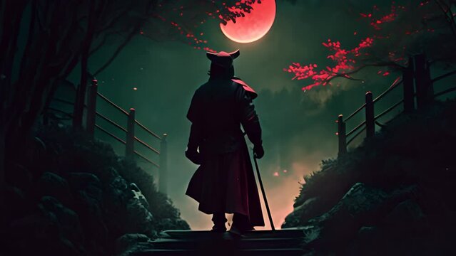 Japanese warrior samurai walk in forest footage. The terrifying ronin stands in the forest at night. Black silhouette of a Japanese shogun against the night forest. 
