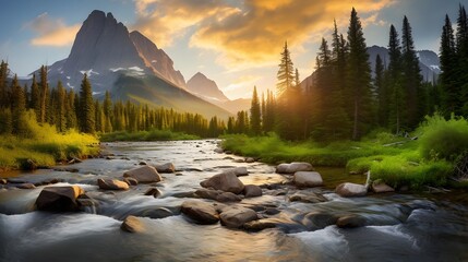 Panorama of a mountain river at sunset. Beautiful summer landscape.