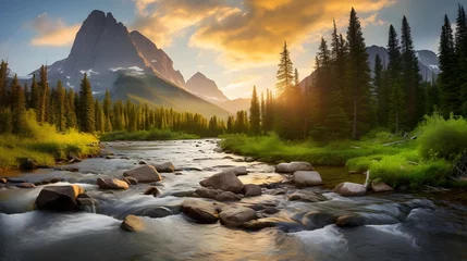 Foto op Canvas Panorama of a mountain river at sunset. Beautiful summer landscape. © Iman