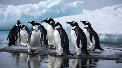 A group of Gentoo penguins huddled on the icy shore, with glacial backdrop - Generative AI