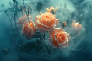 Fotobehang Beautiful roses in water drops on dark blue background. Toned. © Katsiaryna