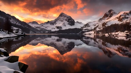 Panorama of a mountain lake with reflection of clouds in the water