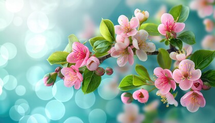 Blossoming branch of sakura with pink flowers on bokeh background