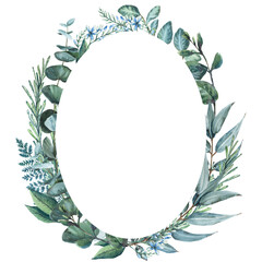 Oval greenery frame made of eucalyptus branches and fern leaves. Hand-drawn watercolor wreath of Sage green foliage. - obrazy, fototapety, plakaty