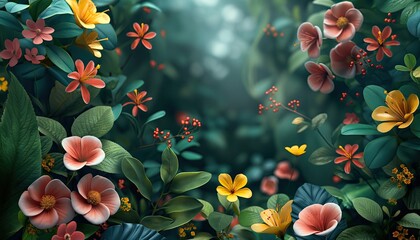 3d render of a beautiful floral background with flowers and leaves. - obrazy, fototapety, plakaty
