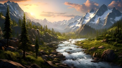 Panorama of a mountain river in the Altai mountains at sunset