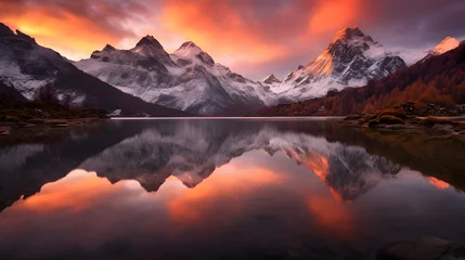 Tableaux sur verre Réflexion Panoramic view of snow capped mountains reflected in lake at sunset