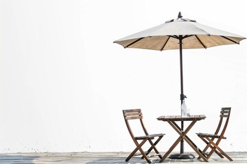 Cafe table with chair and parasol umbrella isolated on white background. . - obrazy, fototapety, plakaty