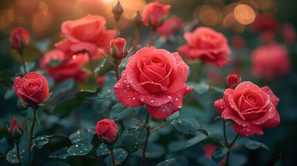 Beautiful red roses with dew drops in the garden. Nature background