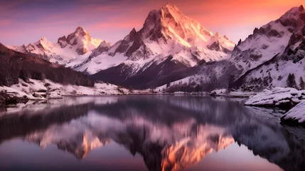 Gardinen Beautiful panorama of alpine lake with reflection of mountains at sunset © Iman