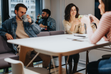 Casual friends enjoying coffee together at a modern cafe setting.