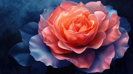 Red rose on blue background. 3d rendering. Computer digital drawing.
