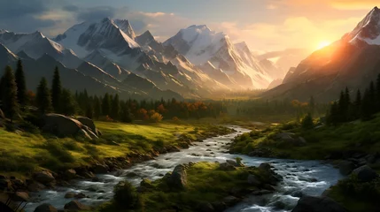 Foto op Canvas Mountain river at sunset. Panoramic view of high mountains. © Iman