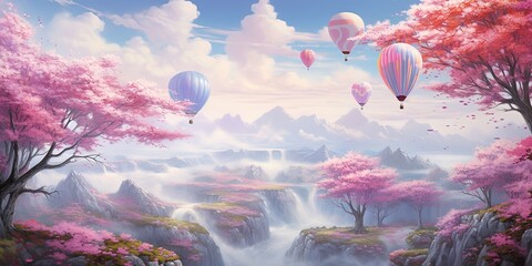 Fantasy landscape with cherry blossom trees and myriad balloons soaring into a serene sky