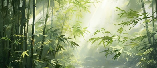 This painting depicts a dense forest filled with tall bamboo trees. The vibrant green foliage stands out against the darker shadows, creating a striking contrast. The suns rays filter through the
