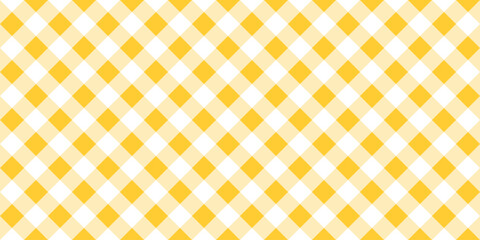 Picnic plaid texture. Diagonal gingham pattern with yellow and white squares. Tablecloth, oilcloth, basket napkin, blanket, handkerchief, kitchen towel print. Flannel, linen or cotton material design.