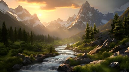 Panoramic view of a mountain river in the mountains at sunset