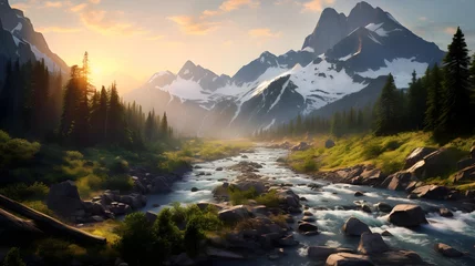 Wandaufkleber Panoramic view of a mountain river at sunset in the summer © Iman