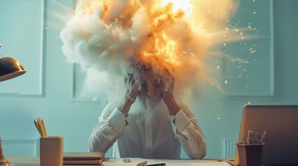 A person head explodes. Office clerk overload with information and having emotional burnout. Psychology concept mental health. Exhausted fatigue tired depressed person in frustration or anger.
