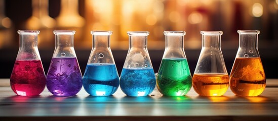 A row of glass flasks filled with various colorful liquids, showcasing a chemistry lesson in progress. Each flask holds a different colored liquid, creating a vibrant and educational display. - obrazy, fototapety, plakaty
