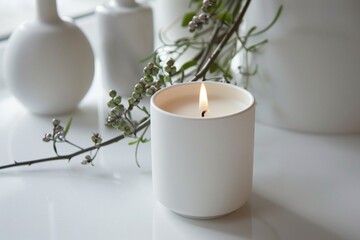 Fototapeta na wymiar Natural fragranced white soy candle. interiors for lofts with a minimalist style. a closeup of the text copy area