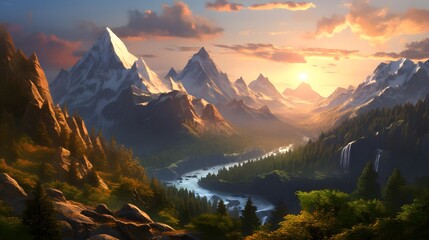 Beautiful panoramic view of mountains and river at sunset. - obrazy, fototapety, plakaty