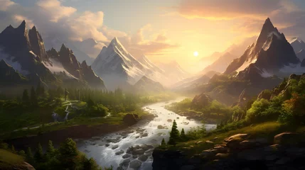 Poster Panoramic view of a mountain river in the mountains at sunset © Iman