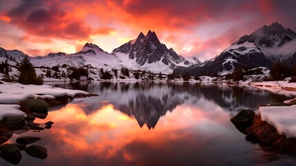 Fototapeta na wymiar panoramic view of snow covered mountains at sunset with reflection in water