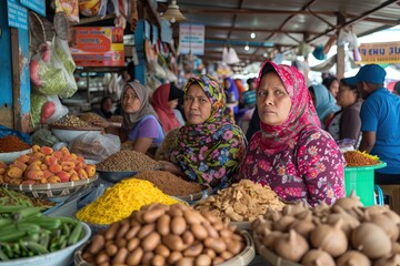 a muslim elderly Indonesian female trader selling at the market - obrazy, fototapety, plakaty