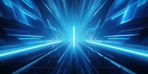 Blue futuristic sci-fi style corridor or shaft background with exit or goal ahead.Abstract cyber or digital speedway concept. - obrazy, fototapety, plakaty