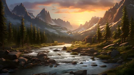 Foto op Canvas Panorama of the mountain river in the mountains at sunset. Beautiful natural landscape. © Iman