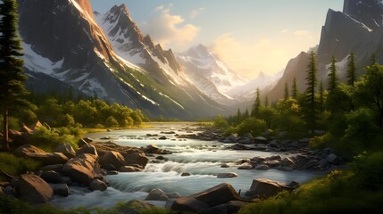Panorama of a mountain river in the mountains. Mountain river in the mountains.
